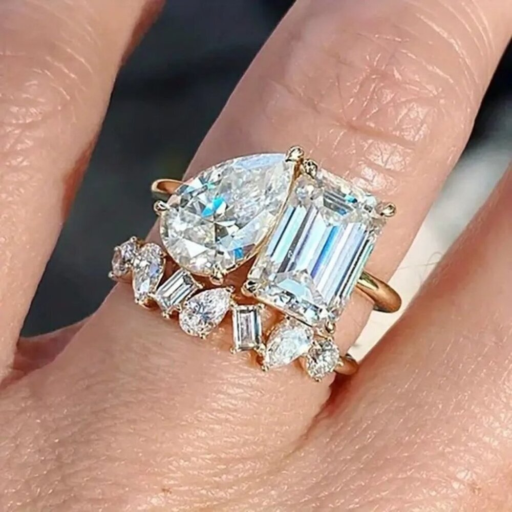 Emerald Cut & Teardrop Pear CZ Crystal Engagement Wedding Ring Set Size 6